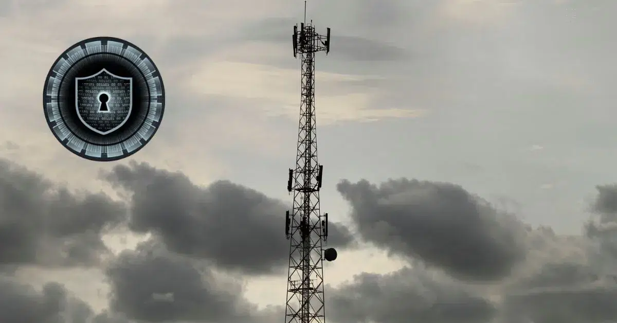 Telecom tower secured by digital shield icon, representing core network security for private LTE and 5G deployments by telco vendors.
