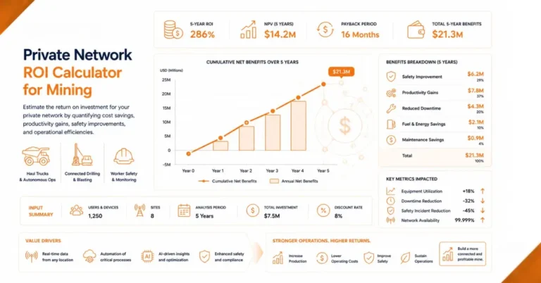Model your mine's 5-year private network ROI — equipment health, safety, autonomous haulage, tailings monitoring — scaled to your operation.