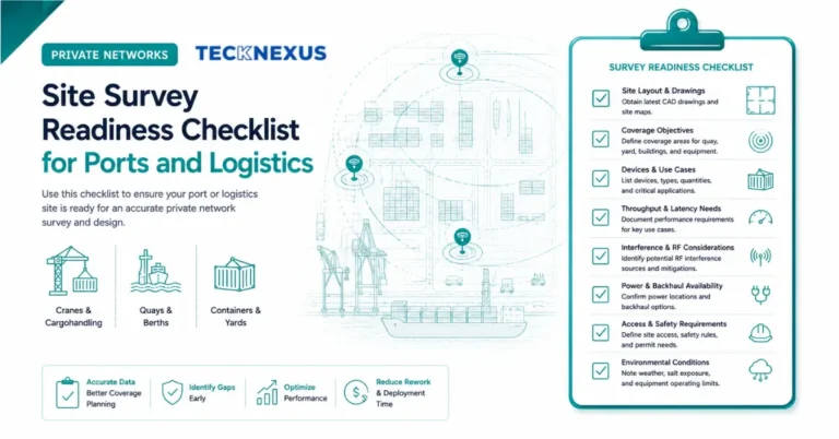A six-domain readiness diagnostic for port private network site surveys — TOS/crane integration, PFSO approval, ISPS compliance, dynamic obstructions.