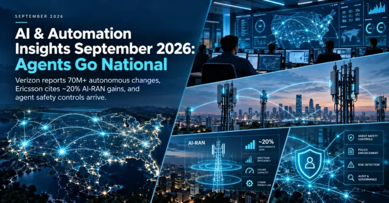 AI & Automation Insights September 2026: Verizon reports 70M+ autonomous changes, Ericsson cites ~20% AI-RAN gains, and agent safety controls arrive.