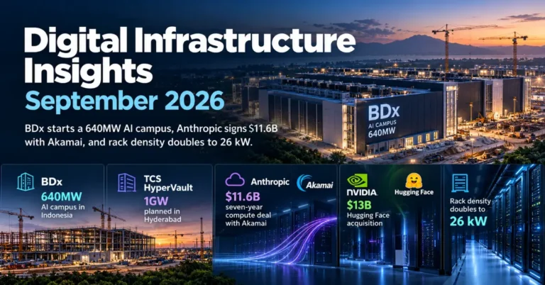 Digital Infrastructure Insights September 2026: BDx starts a 640MW AI campus, Anthropic signs $11.6B with Akamai, and rack density doubles to 26 kW.